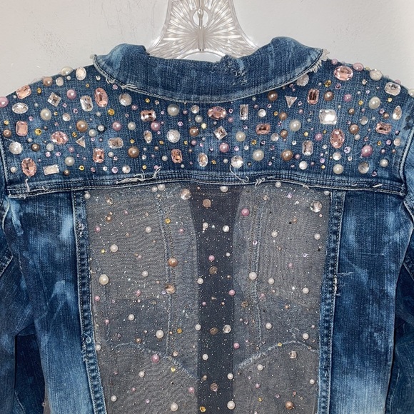Custom Bleached & Distressed Denim Jacket w/ Sheer Embellished Back & Sides - Picture 6 of 9